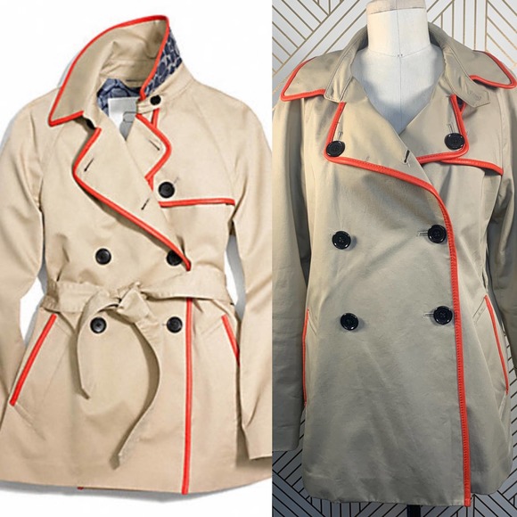 Coach Short Leather Trim Trench Coat Khaki Orange